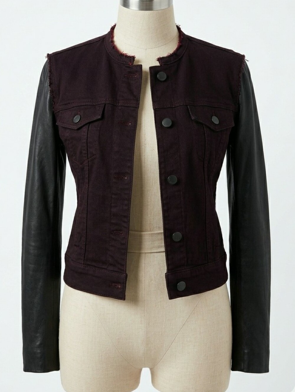 J BRAND Burgundy Denim Black Leather Sleeve Jacket Mixed Media Collarless XS